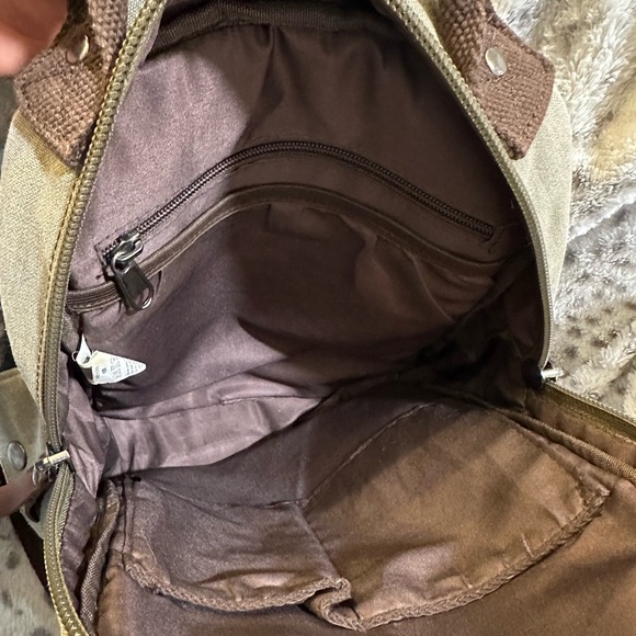 Tan and Brown Canvas Backpack with Leather Accents - Picture 6 of 7